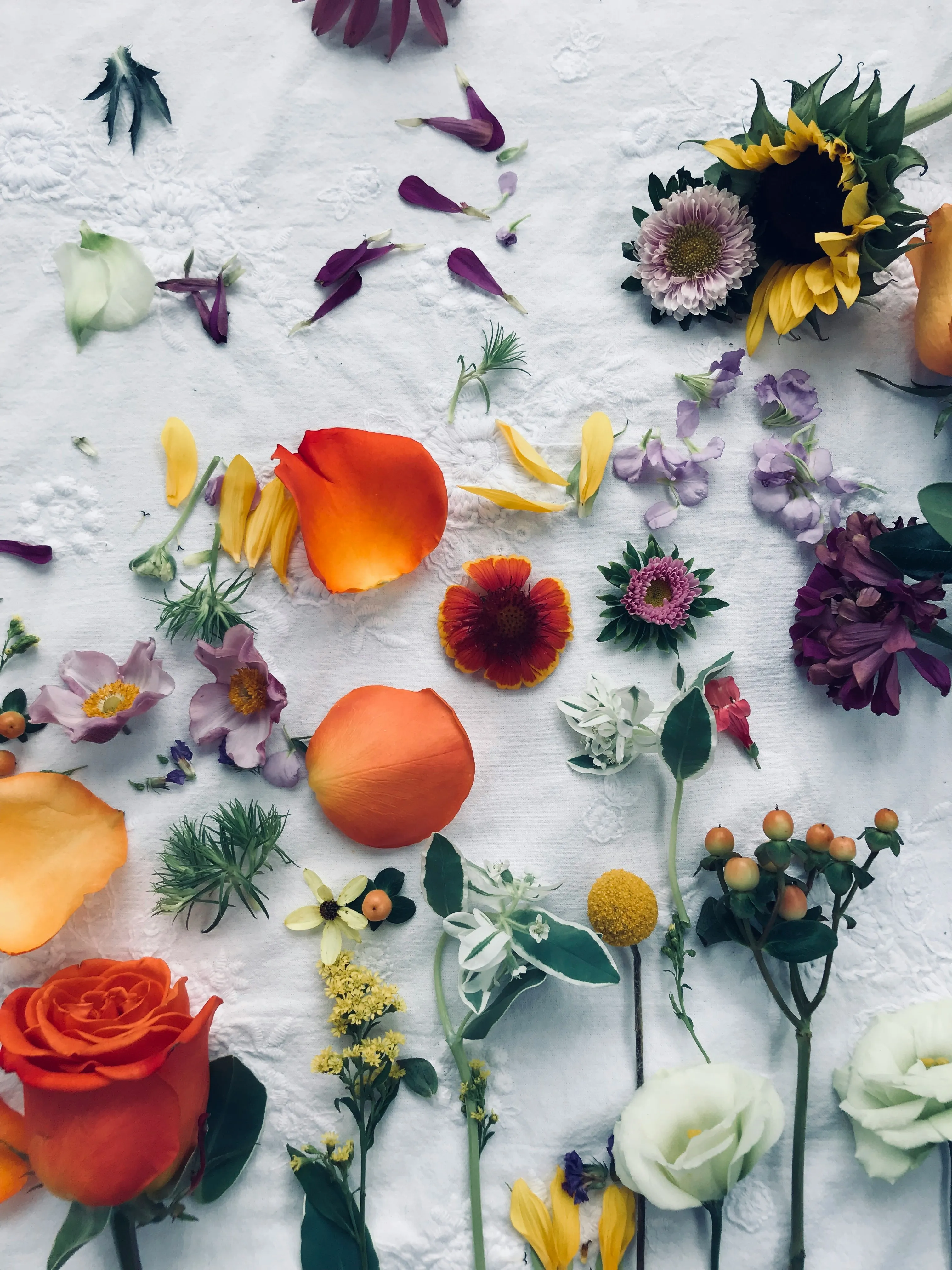 A white tablecloth with many different coloured flower petals strewn across it